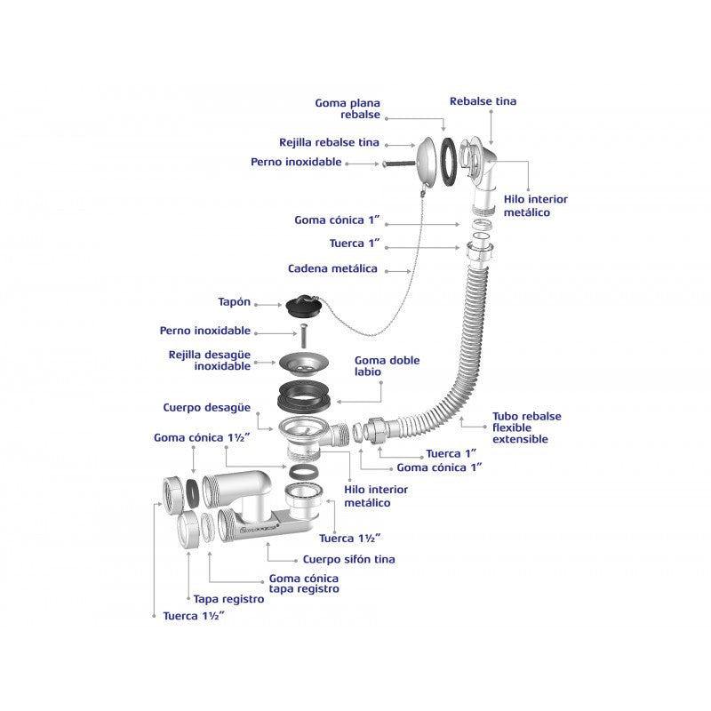 Desagüe Tina 1 1/2" con Rebalse y Sifón orientable