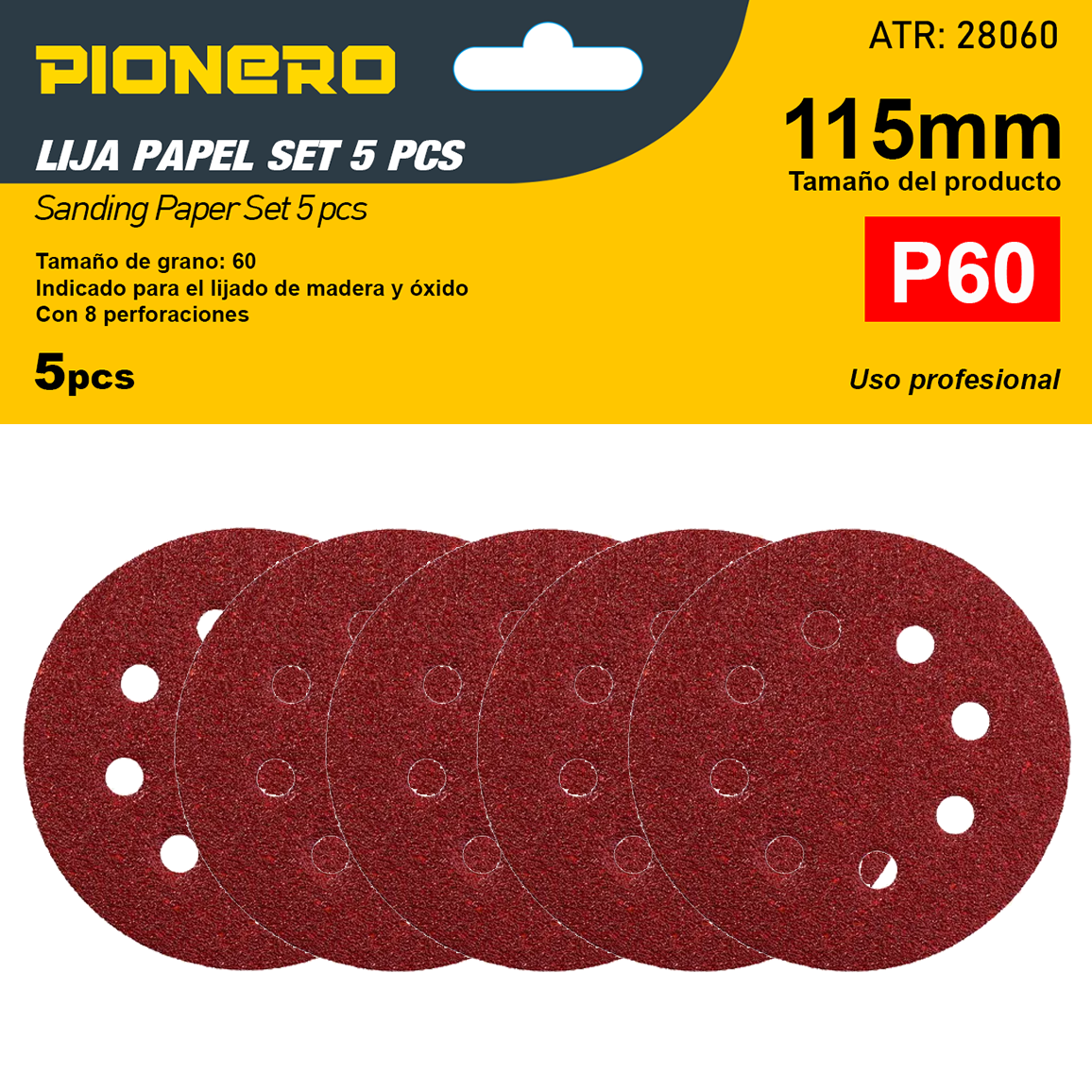 Set de discos lija 115mm P/Madera P60 5pcs