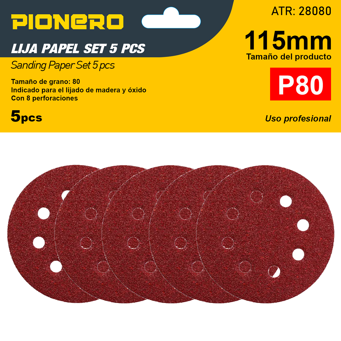 Set de discos lija 115mm P/Madera P80 5pcs