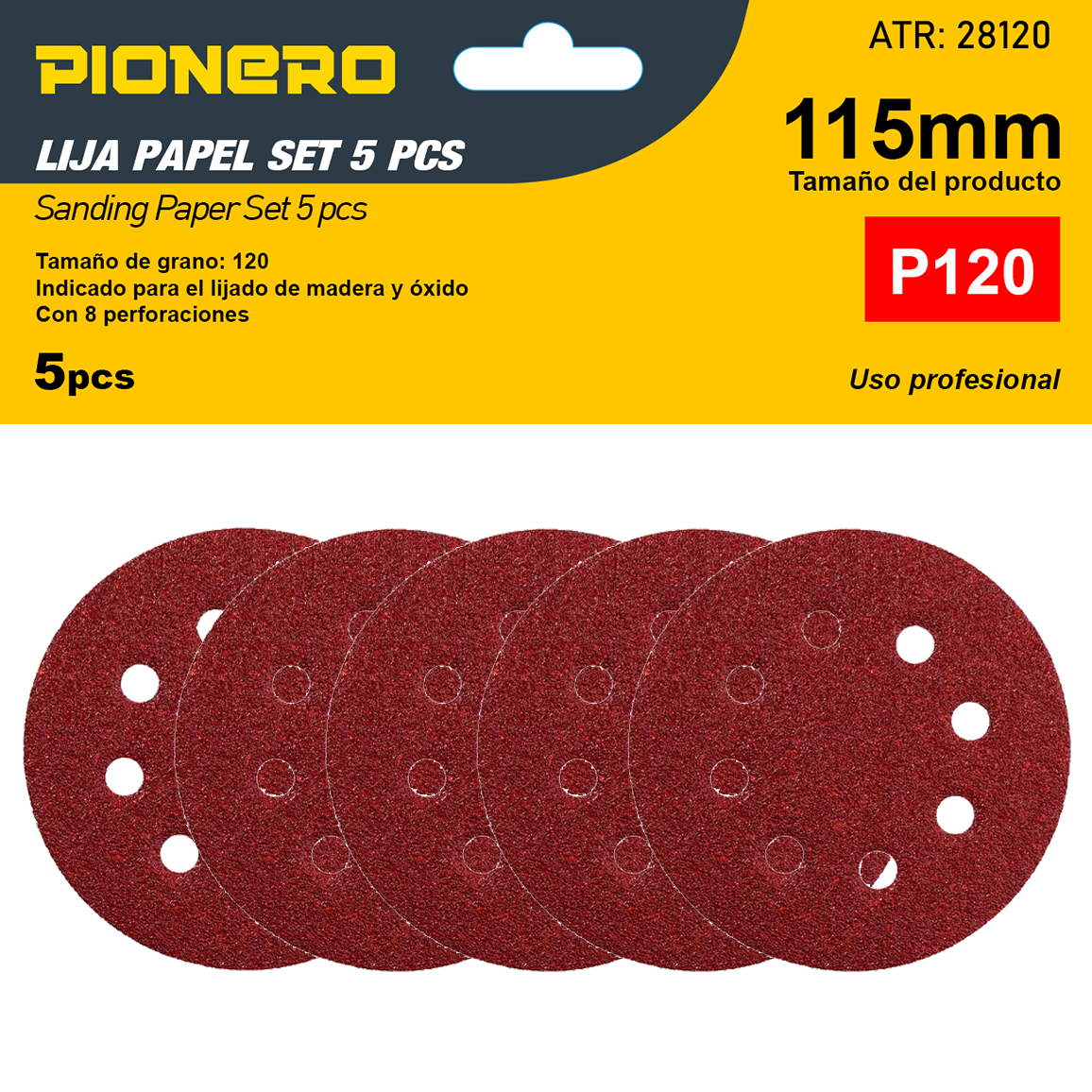 Set de discos lija 115mm P/Madera P120 5pcs