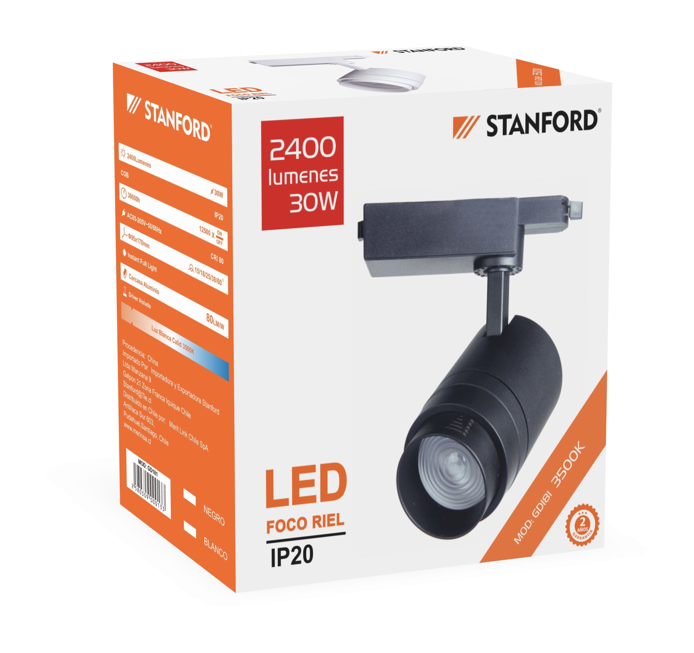 Foco Led Riel GD181 Óptico Regulable STANFORD 3500K 30W Negro