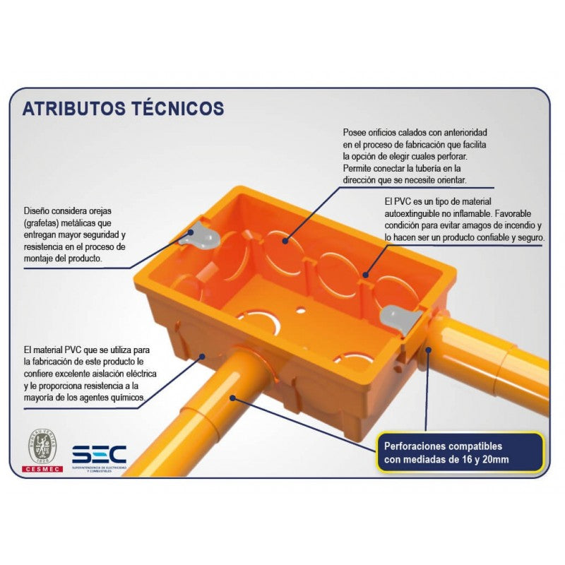 Caja eléctrica tabique con oreja metálica naranja
